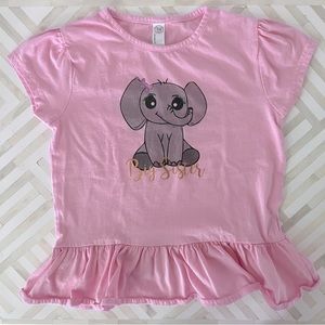 Custom Big Sister “Mia” Elephant Pink Ruffle Top, Size 5/6